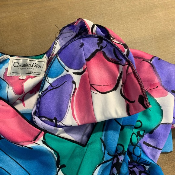 Christian Dior Lounge Wear Size L Vintage Kaftan Mumu House Dress Floral Satin - Picture 7 of 9